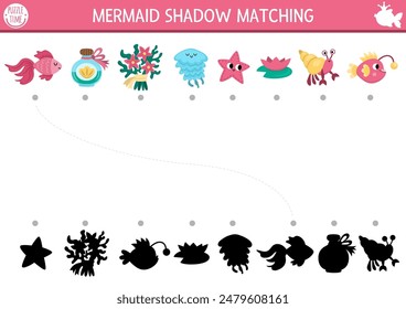 Mermaid shadow matching activity with starfish, jellyfish, fish, seaweeds. Fairytale ocean kingdom puzzle with. Find correct silhouette printable worksheet, game. Marine page for kids
