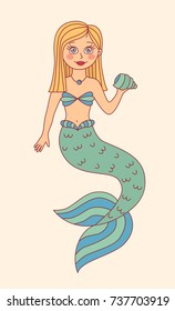 Mermaid with shell colorful cute childish doodle vector illustration