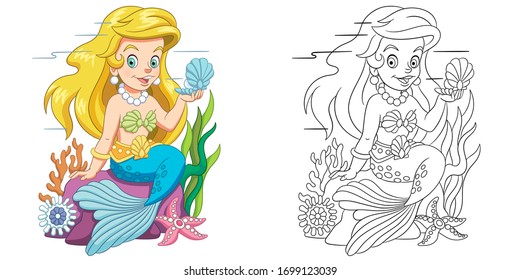 Mermaid with shell. Coloring page and colorful clipart character. Cartoon design for t shirt print, icon, logo, label, patch or sticker. Vector illustration.