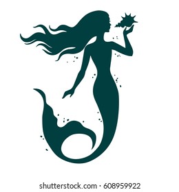 Mermaid with shell, hand drawn vector silhouette illustration isolated on white background.