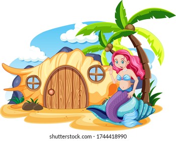 Mermaid and shell house on the beach cartoon style on sky background illustration