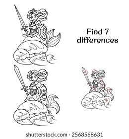 Mermaid with shield and sword on waves. Find 7 differences. Tasks for children. Vector illustration