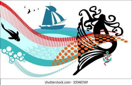 mermaid with ship fish anchor waves and seamless patterns