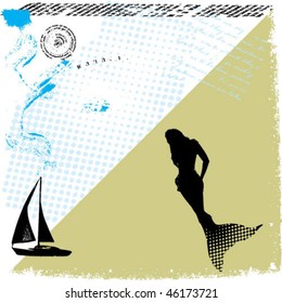mermaid and ship grunge background vector