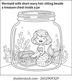 A mermaid with short wavy hair sitting beside a treasure chest inside a jar, with a big smile and simple coral shapes in the background—easy line art style.