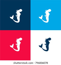 Mermaid side view silhouette four color material and minimal icon logo set in red and blue
