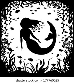 Mermaid silhouette against the background of the underwater world