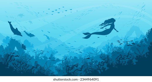 Silueta de silueta de sirena y calzado de pescado. El paisaje submarino es un fondo vectorial de agua azul del océano, arrecife de coral y algas, algas, delfines, tortugas marinas, peces y rayas. Mundo marino submarino