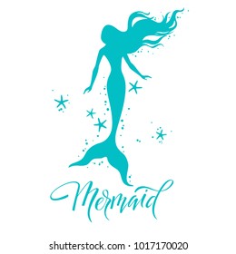 Mermaid  silhouette, hand drawn vector  illustration isolated on white, logo, t-shirt design.