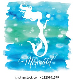 Silueta de silueta de sirena, ilustración vectorial dibujada a mano aislada en manchas de color azul, logotipo, diseño de pantalones t.