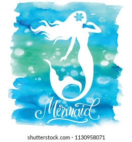 Mermaid  silhouette, hand drawn vector  illustration isolated on blue watercolor spot, logo, t-shirt design.