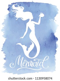 Mermaid  silhouette, hand drawn vector  illustration isolated on blue watercolor spot, logo, t-shirt design.