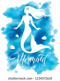 Mermaid  silhouette, hand drawn vector  illustration isolated on blue watercolor spot, logo, t-shirt design.
