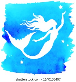 Mermaid  silhouette, hand drawn vector  illustration isolated on blue watercolor spot, logo, t-shirt design.