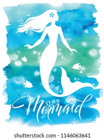 Mermaid  silhouette, hand drawn vector  illustration isolated on blue watercolor spot, logo, t-shirt design.