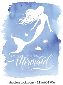 Mermaid  silhouette, hand drawn vector  illustration isolated on blue watercolor spot, logo, t-shirt design.