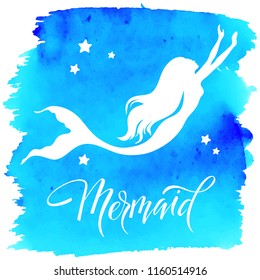 Mermaid  silhouette, hand drawn vector  illustration isolated on blue watercolor spot, logo, t-shirt design.