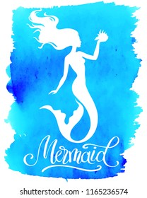 Mermaid  silhouette, hand drawn vector  illustration isolated on blue watercolor spot, logo, t-shirt design.