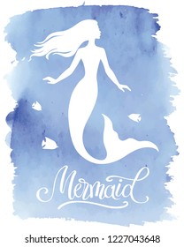 Mermaid  silhouette, hand drawn vector  illustration isolated on blue watercolor spot, logo, t-shirt design.