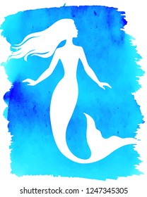 Mermaid  silhouette, hand drawn vector  illustration isolated on blue watercolor spot, logo, t-shirt design.