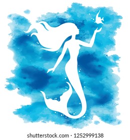 Mermaid  silhouette, hand drawn vector  illustration isolated on blue watercolor spot, logo, t-shirt design.