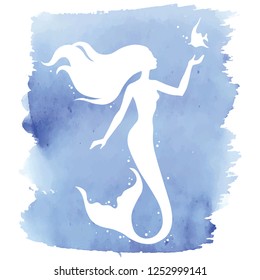 Mermaid  silhouette, hand drawn vector  illustration isolated on blue watercolor spot, logo, t-shirt design.