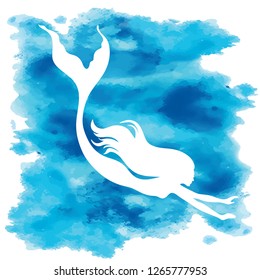 Mermaid  silhouette, hand drawn vector  illustration isolated on blue watercolor spot, logo, t-shirt design.