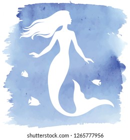 Mermaid  silhouette, hand drawn vector  illustration isolated on blue watercolor spot, logo, t-shirt design.