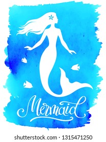 Mermaid  silhouette, hand drawn vector  illustration isolated on blue watercolor spot, logo, t-shirt design.
