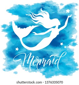 Mermaid  silhouette, hand drawn vector  illustration isolated on blue watercolor spot, logo, t-shirt design.