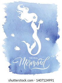 Mermaid  silhouette, hand drawn vector  illustration isolated on blue watercolor spot, logo, t-shirt design.