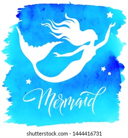 Mermaid  silhouette, hand drawn vector  illustration isolated on blue watercolor spot, logo, t-shirt design.