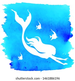 Mermaid  silhouette, hand drawn vector  illustration isolated on blue watercolor spot, logo, t-shirt design.