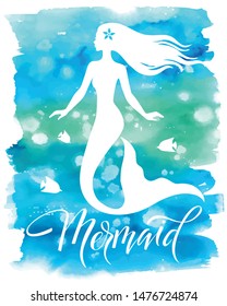 Mermaid  silhouette, hand drawn vector  illustration isolated on blue watercolor spot, logo, t-shirt design.