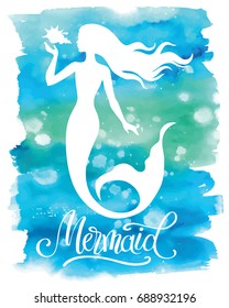 Mermaid  silhouette, hand drawn vector  illustration isolated on blue watercolor spot, logo, t-shirt design.