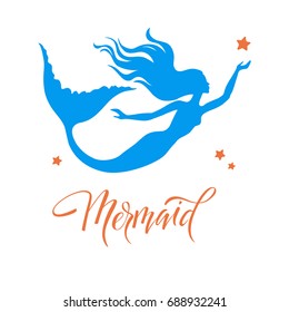 Mermaid  silhouette, hand drawn vector  illustration isolated on white, logo, t-shirt design.
