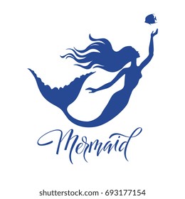 Mermaid  silhouette, hand drawn vector  illustration isolated on white, logo, t-shirt design.