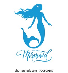 Mermaid  silhouette, hand drawn vector  illustration isolated on white, logo, t-shirt design.