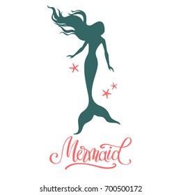 Mermaid  silhouette, hand drawn vector  illustration isolated on white, logo, t-shirt design.