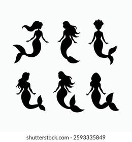 mermaid silhouette icon set vector art illustrations.