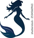 Mermaid silhouette icon vector. Mermaid tail and siren creator hand drawn realistic sketch of singing. Mermaid and sea life vector illustration.