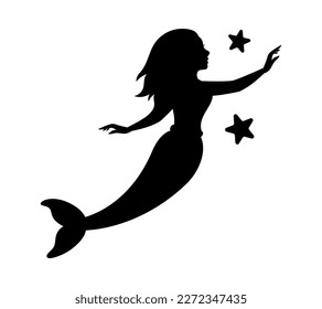 Mermaid silhouette. Mythical tale character logo. Little creature in water. Magical mermaid black symbol