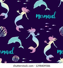 Mermaid silhouette seamless vector pattern. Holographic magic mermaid with dolphin . pattern for girls.Creative  background for textile, prints, paper products, the Web. 