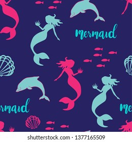 Mermaid silhouette seamless vector pattern.  magic mermaid with dolphin . pattern for girls.Creative  background for textile, prints, paper products, the Web. 