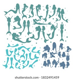 Mermaid silhouette set. Isolated flat swimming underwater mermaid woman part icons. Mermaid sea water girl tail, hair, fin silhouette collection. Fantasy tale vector illustration