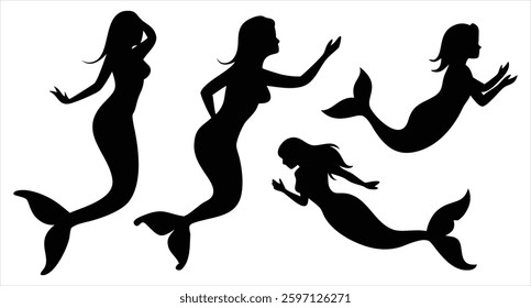 Mermaid Silhouette Set Vector Design Collection for Underwater and Fantasy-Themed Artwork