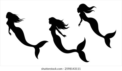 Mermaid Silhouette Set Vector Design Collection for Underwater and Fantasy-Themed Artwork