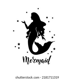 Mermaid  silhouette and stars, hand drawn vector  illustration isolated on white, logo, t-shirt design. Vector illustration.