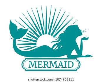 Mermaid silhouette and sun label design isolated on white. Vector illustration