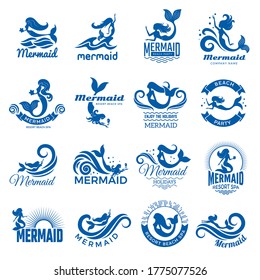 Mermaid silhouettes. Fantasie swimming women with flippers and tails marine mermaid vector emblems collection